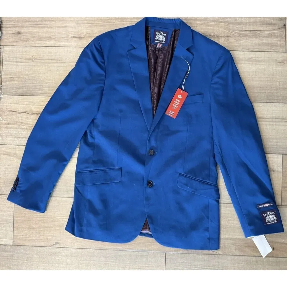 wedding‎ The Savile Row Brit Slim Fit Coat Jacket Mens 40 R Blue 2 Button Blazer